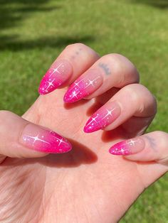 Hand painted pink ombré with glitter and star design gel press on nails. Each set is hand-made to order. Nails pictured are ALMOND MEDIUM shape. PLEASE READ: Use the nail sizing chart instructions from the photos to measure your nails. Then choose from the nail size options XS, S, M, or L. If your nails do not fit the standard sizes and you need custom sizing, please choose "CUSTOM" sizing and type in your custom sizes from thumb to pinky (ie. 1, 2, 3, 4, 5) under the "personalization" option. P Gel X Nail Designs Ombre, Soft Pink Nails Designs Art Ideas, Ombré Nail Designs, Pink Gel X Nails Almond, Pink And Sparkly Nails, Taylor Swift Inspired Nails Lover, Fashion Nail Designs, Pink Bubble Nails, Pink Christmas Nail Ideas