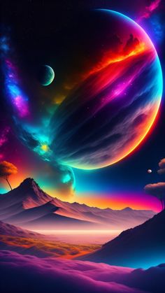 an image of a colorful planet with mountains in the background