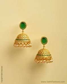 Gold & Green Mix Metal Big Jumka | Mix Metal | SakhiFashions | Sakhi Fashions Kundan Earrings Jhumkas, Earrings Jhumka, Earrings Kundan, Antique Gold Earrings, Real Gold Jewelry, Color Earrings