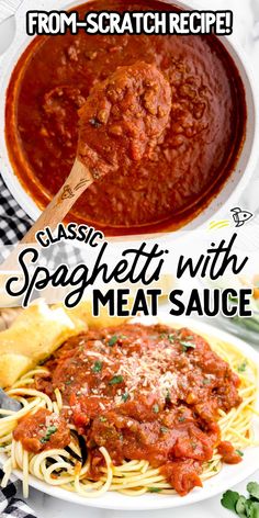 spaghetti with meat sauce in a white bowl on a checkered table cloth and the title from scratch recipe class spaghetti with meat sauce