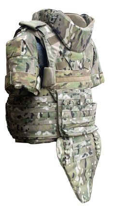 a camouflage vest with multiple pockets on the front and back, all in different colors