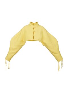 Spring-Summer 2022.Yellow cropped suit jacket with puffed sleeves. Loose style / bat resembling. The jacket has ribbons in sleeves and at the bottom. By pulling the sleeves, you can change the shape of the suit jacket. It is buttoned on the front and back. Material - 40% cotton, 60% acrylic. Lining - Silk substitute (100% polyester).Care - Dry cleanThe model is wearing size S. Measurements:XS - Bust(cm):80-82; Waist(cm):63-64; Hips(cm):87-89.S - Bust(cm):83-84; Waist(cm):65-66; Hips(cm):90-92.M Cropped Suit Jacket, Cropped Suit, Japanese Pants, Warrior Outfit, Big Sleeves, Yellow Outfit, Loose Style, Puffed Sleeves, The Shape