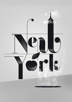 the words new york are made out of black and white letters with a building in the background