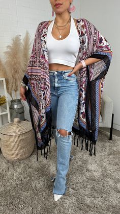 The Bohemian Tassel kimono boasts a striking diamond floral pattern and delicate tassels, creating an elegant and distinctive style. The Bohemian, Spring Style, Womens Tunics, Anaheim, Womens Clothing Tops, Plus Size Fashion, Spring Fashion, What To Wear, Tassels