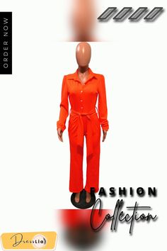 Casual Shirt Collar High Waist Wide Leg Jumpsuit with Belt Casual Collared Belted Jumpsuits And Rompers, Casual Belted Collared Jumpsuits And Rompers, Fitted Orange Jumpsuits And Rompers For Fall, Casual Long Sleeve Belted Jumpsuits And Rompers, Casual Stretch Orange Jumpsuit, Casual Orange Stretch Jumpsuits And Rompers, Casual Orange Stretch Jumpsuit, Casual Orange Jumpsuits And Rompers For Party, Casual Red Long Sleeve Jumpsuits And Rompers