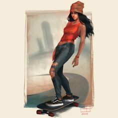 a drawing of a girl on a skateboard