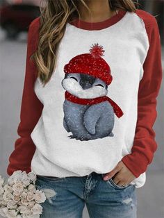 Women Penguin Printed Sweatshirt Casual Winter Tops With Cartoon Print, Red Cartoon Print Tops For Winter, Long Sleeve Cartoon Print T-shirt For Winter, White Raglan Sleeve T-shirt For Fall, Cute Winter Graphic Print Top, White Casual Sweatshirt With Raglan Sleeves, Cute White Winter Tops, Winter Raglan Sleeve Top With Letter Print, Winter Tops With Letter Print And Raglan Sleeve