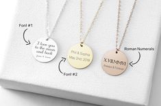 "This is a personalized disc necklace made to your liking. You can have your choice of words, dates, names etc. engraved on the 5/8\" disc necklace. You can choose between silver, gold or rose gold. DETAILS Disc: 5/8\" Metal: Sterling Silver, Gold Or Rose Gold Chain Length: 18\" (a different length can be requested) FONT: You can choose between font 1 or 2 and you can add in the roman numerals if you would like. CUSTOM Please write the details in the order notes during checkout. IDEAS FOR YOUR C Customized Rose Gold Necklaces, Customized Rose Gold Necklace, Customized Round Rose Gold Necklace, Customizable Rose Gold Charm Necklace With Round Pendant, Personalized Rose Gold Necklace With Laser Engraving, Customizable Round Rose Gold Charm Necklace, Customizable Rose Gold Round Pendant Charm Necklace, Personalized Rose Gold Necklace Laser Engraved, Customized Round Charm Necklace For Anniversary