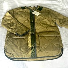 Olive Lightweight Down Jacket 100% Nylon Size Small Khaki Nylon Outerwear With Zipper Closure, Green Nylon Puffer Outerwear, Green Long-sleeve Puffer Jacket With Pockets, Military Nylon Outerwear With Multiple Pockets, Olive Jacket, Green Nylon Military Outerwear, Down Jacket, Puffer, Jackets For Women