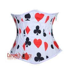 Specifications:-   Underbust pattern perfect for long, medium & short torso female.      Front length is 11 inches (28 cm). Bust to Bottom-length is 10 inches (25.4 cm). Side length is 9.2 inches (23.4 cm). Back Length is 11.4 inches (29 cm). Bone: 12 Spiral steel bones are distributed all around the corset. Bone:  4 Flat bones are located at the back of the Corset. Side opening is metal black Zipper. Lacing: It has 7-meter-long white lace which is used to tight lacing the corset. Grommets in th Black And White Corset, Printed Corset, Card Suits, Lace Tights, Corset Bustier, White Corset, Corset Lingerie, Corsets, Grey Cotton