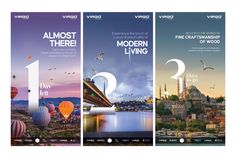 three iphone screens showing different views of the city and its surrounding area, with text that reads almost there modern living