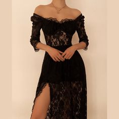 Square neck hem lace slit long sleeve midi dress - Halibuy Black Long Sleeve Midi Dress, Prom Dress Inspiration, Lemon Dress, Prom Outfits, Black Lace Dress, Long Sleeve Midi, Long Sleeve Midi Dress, Looks Style, Fancy Dresses