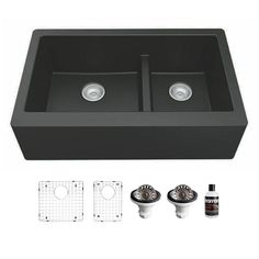 double bowl kitchen sink with drainers, strainers and grouting kit in dark brown