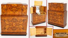 an old wooden box with carvings on the front and sides, in three different views