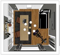 an overhead view of a living room and dining room from the top down to the kitchen