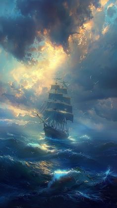 a painting of a ship sailing in the ocean under a cloudy sky with sunbeams