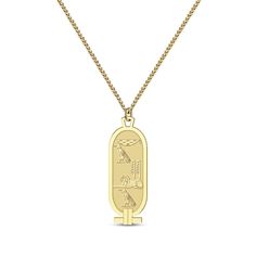 Wish him the best of luck with this unique personalized cartouche necklace. Crafted in 10K yellow gold The bordered scroll pendant features hieroglyphic characters that correspond with the spelling of the name or message Th pendant suspends along a 22-inch curb chain that secures with a lobster clasp Cartouche Necklace, Best Of Luck, Accessories Jewelry Necklace, Curb Chain, Name Necklace, Lobster Clasp, Apparel Accessories, Jewelry Accessories, Jewelry Necklaces