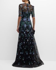 Teri Jon, Mob Dresses, Butterfly Embroidery, Embroidered Tulle, Tulle Gown, Jewel Neckline, Elbow Sleeve, Luxury Fabrics, Neiman Marcus