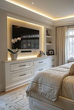 a bedroom with white furniture and lights on the headboard, dressers and bed