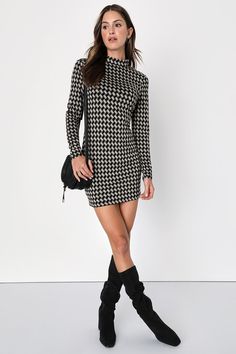 You're sure to influence everyone with your eye-catching aesthetic in the Lulus Cool Girl Status Black Print Mock Neck Long Sleeve Mini Dress! Soft and stretchy jersey knit, with a beige and black geometric print throughout, shapes this trendy dress that features a chic mock neckline framed by long fitted sleeves. Figure-hugging silhouette continues to a mini hem. Pair with your favorite knee-high boots for a casually-elevated look! Fit: This garment fits true to size. Length: Mid-thigh. Size medium measures 35.75" from shoulder to hem. Bust: Great for any cup size. Waist: Fitted - stretchy fabric allows custom fit. Hip: Fitted - stretchy fabric allows room for hips. Undergarments: May be worn with any standard bra. Fabric: Fabric has some stretch. Unlined. Shell: 50% Cotton, 44% Polyester Elastane Bodycon Dress For Fall, Black High-neck Mini Dress In Elastane, Black High-neck Elastane Mini Dress, Black High Neck Mini Dress In Elastane, Fall Mini Bodycon Dress In Elastane, Fall Mini Length Elastane Bodycon Dress, Fall Mini-length Elastane Bodycon Dress, Bodycon Elastane Dress For Fall, Fall Bodycon Elastane Dress