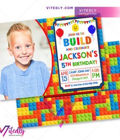 a birthday card with a photo of a boy in legos pattern and the words, build and celebrate jackson's 5th birthday