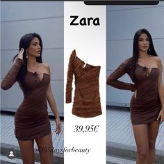 Bnwt Zara Dress Sz Sm Trendy Brown Stretch Dresses, Trendy One Shoulder Fitted Dress, Trendy Fitted One Shoulder Dress, Chic Fitted Brown Dress, Chic One-shoulder Mini Dress For Casual Occasions, Chic One Shoulder Mini Dress For Casual Occasions, Brown Stretch Mini Dress, Chic Brown Stretch Mini Dress, Trendy Long Sleeve Brown Dress