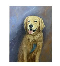 a painting of a golden retriever dog with a blue collar and tongue hanging out