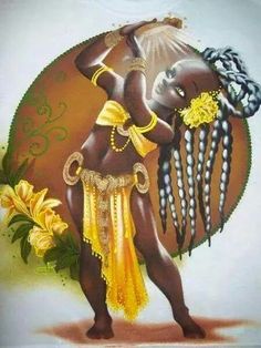 a painting of an african woman with flowers in her hair