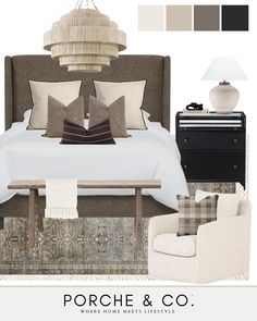 the bedroom is decorated in neutrals and browns