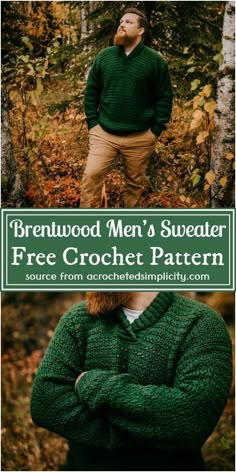 a man wearing a green sweater standing in the woods with his hands on his hips