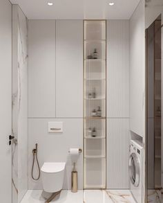 a bathroom with a toilet, sink and washer dryer in the corner next to each other