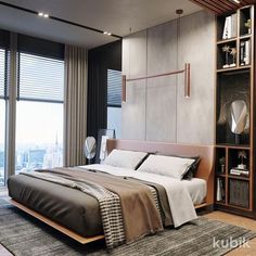 a bedroom with a bed, bookcases and large windows overlooking the cityscape