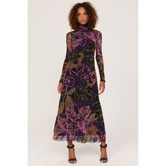 Pink floral mesh (100% Nylon/Polyamide). A-line. Long sleeves. Turtleneck. Pull on. 50" from shoulder to hemline. Imported. Floral Frocks, Velvet Clutch, Rent The Runway, Closet Designs, Moto Jacket, Purple Dress, Dress Details, Cocktail Party, Pink Floral