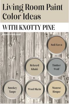 Enhance the natural beauty of knotty pine with this warm, neutral color palette. Relaxed Khaki SW 6149 and Wool Skein SW 6148 by Sherwin Williams provide a grounded foundation, while Soft Fawn SW 6142 adds gentle warmth. Benjamin Moore's Timber Wolf 1600 introduces a cool, earthy contrast, complemented by the cozy tones of Smokey Taupe 983 and Monroe Bisque HC-26. This palette blends seamlessly with the organic textures of knotty pine, perfect for a rustic yet modern living room. Relaxed Khaki Color Scheme, Lodge Wall Colors, Soft Fawn Sherwin Williams, Painted Wood Walls Knotty Pine, Rustic Cabin Paint Colors Interiors, Cozy Cabin Paint Colors, Log Cabin Interior Paint Colors, Knotty Pine Walls Color Schemes, Khaki Paint Colors