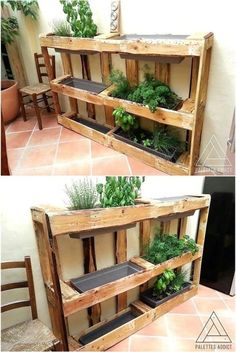 two wooden shelves filled with plants on top of a tiled floor next to each other