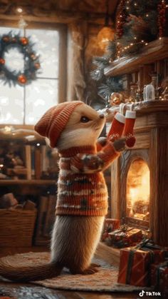 a rat in a sweater and hat standing next to a fireplace with stockings on it