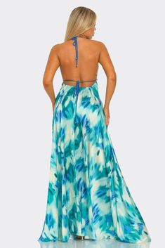 Light Blue Maxi Dress For Beach Cover-up, Blue Halter Neck Dress For Beach Cover-up, Backless Lined Dress For Vacation, Blue V-neck Maxi Dress With Tie Back, Lined Backless Dress For Vacation, Blue Breezy Maxi Dress For The Beach, Lined Backless Vacation Dress, Vacation Backless Lined Dress, Green Backless Dress For Casual Wear