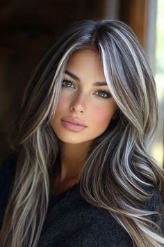 Black And Grey Hair Color, Brunette With Gray Hair, Dark Hair To Grey, Hair Colors For Winter 2024, Dark Brown With Ash Highlights, Ash Gray Highlights On Dark Hair, Grey Hair Makeup Looks, Greying Hair Highlights Blending, Hair Contouring Blonde