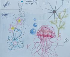 a drawing of jellyfishs and stars on a sheet of paper with words written below