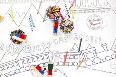 children's birthday coloring pages with crayons and colored pencils on them