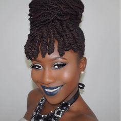 This Curly Bangs & Bun on Natural Hair/Locs tutorial is the perfect holiday style Bangs Bun, Bun On Natural Hair, Locks Hairstyle, Sisterlocks Hairstyles, Natural Hair Locs, Dreadlocks Styles, Dread Hair, Loc Updo, Hair Locs