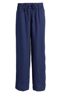 Crafted from lightweight linen, these tie-waist pants feature breezy wide legs for vacation-ready vibes. 31" inseam; 11" leg opening; 11 1/2" front rise; 16 1/2" back rise 100% linen Machine wash, tumble dry Imported Navy Drawstring Bottoms For Beach, Blue Linen Wide-leg Pants, Linen Wide-leg Bottoms For The Beach, Non-stretch Linen Beach Bottoms, Stretch Linen Pull-on Bottoms, Navy Linen Pants, Linen Drawstring Pants, Tie Waist Pants, Navy Linen