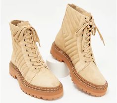 Vince Camuto x Fashion Jackson Suede Lace-Up Hiker Boots - Puchenie - QVC.com Pink Suede Boots, Ankle Combat Boots, Black Moto Boots, Quilted Boots, Beige Boots, Fabric Boots, Hiker Boots, Snakeskin Boots, Womens Riding Boots