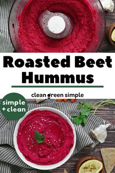 roasted beet hummus in a bowl with lemons and cilantro on the side