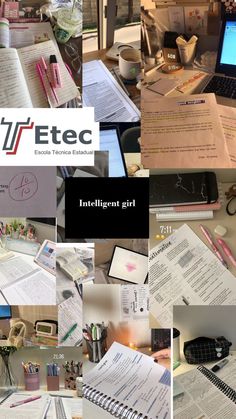 a collage of photos showing various papers and laptops