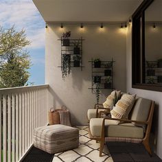 the balcony is decorated with plants and furniture