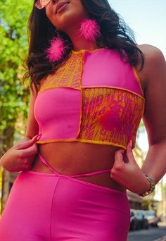 READY TO SHIP 1 x Size S. 1 x Size M. 1 x Size L. (1-2 days dispatch time) Everything else made to order. Custom printed mesh and pink lycra patchwork crop top with yellow exposed more... READY TO SHIP 1 x Size S. 1 x Size M. 1 x Size L. (1-2 days dispatch time) Everything else made to order. Custom printed mesh and pink lycra patchwork crop top with yellow exposed seems. Exclusive designs you won't find anywhere else. Handmade to order in the UK. Model is a UK size M and 5'7" and wears a Size M. Please hand wash and dry to ensure your pieces last for many days and nights of raving and misbehaving. All items are handmade to order - please allow 12 working days for production plus shipping. less... Patchwork Crop Top, Patchwork Top, Pride Outfit, Opening A Boutique, Patchwork Dress, Festival Dress, Pink And Yellow, Vintage Sweatshirt, Peace Love