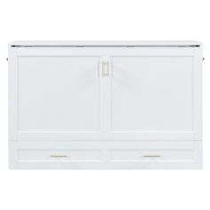 a white cabinet with two doors and three drawers on the bottom, in front of a white background