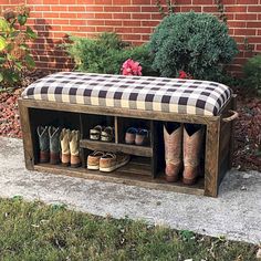 a bench that has some boots on it