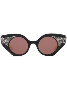 black gold-tone acetate crystal embellishment cat-eye frame tinted lenses straight arms These glasses come with a protective case. Gucci Eyewear, Crystal Embellishment, Lenses, Gucci, Sunglasses, Frame, Black